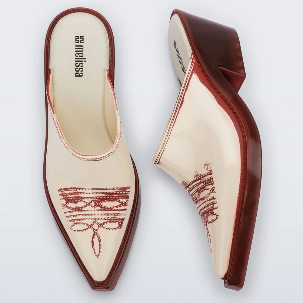 NWT, Never Worn, Melissa Two-Tone Cream and Brown Pointed Slip-On Mules